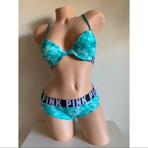 Victoria’s Secret PINK Green Tie Dye Push Up Bra and Logo Band Panty Set 34B S